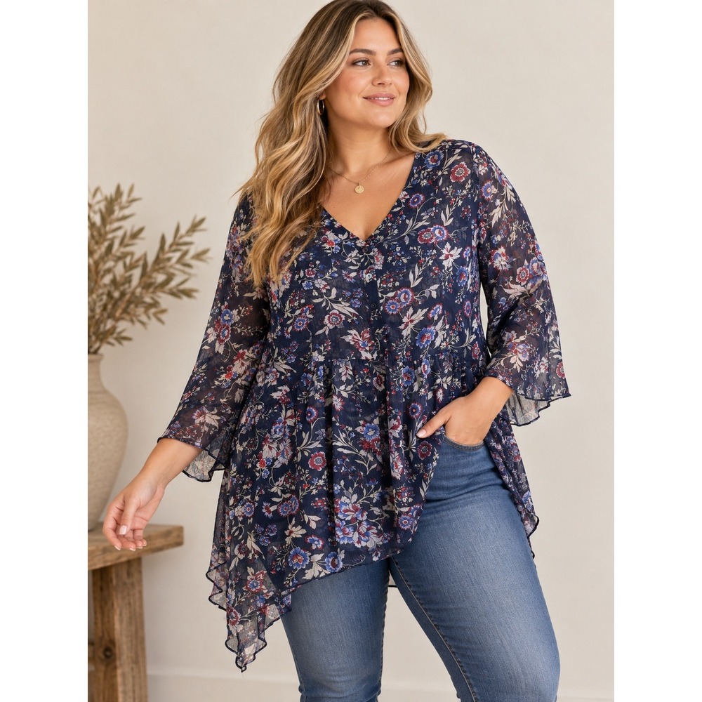 Lane Bryant 18/20 Navy Floral Chiffon Tunic Blouse High Low Handkerchief Boho